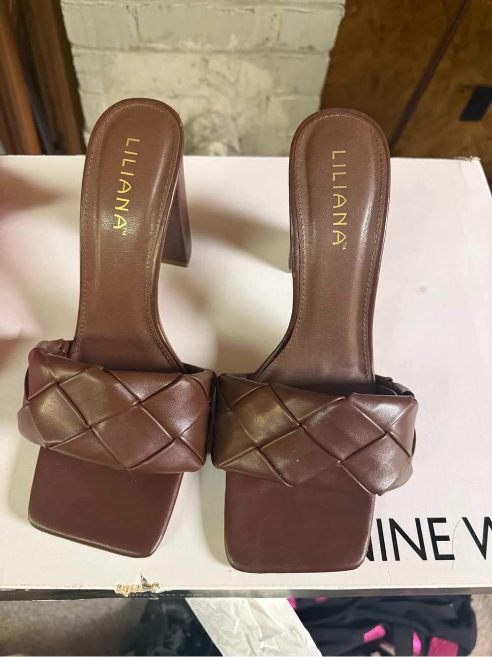 Liliana Brown Braided Square-Toe High Block Heel Mules